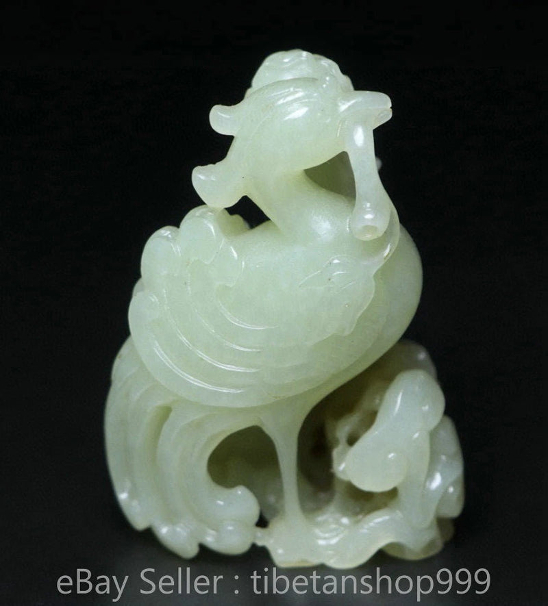 3" Chinese Natural Jade Carving Hollow Out Phoenix Bird Peony Flower Statue Peony