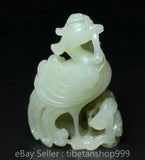 3" Chinese Natural Jade Carving Hollow Out Phoenix Bird Peony Flower Statue Peony