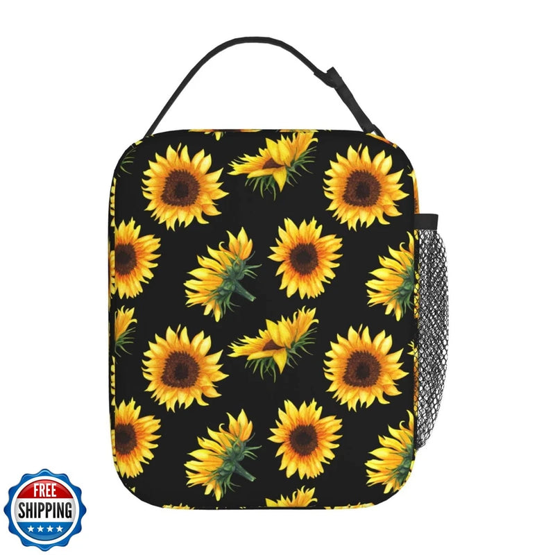 YETTA YANG Sunflower Flower Floral Black Portable Lunch Bag Insulated Lunch B Sunflower