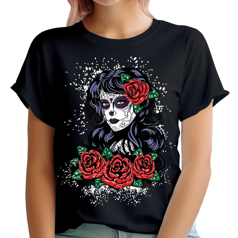 Black day-of-the-dead sugar skull t-shirt with red roses and green leaves graphic