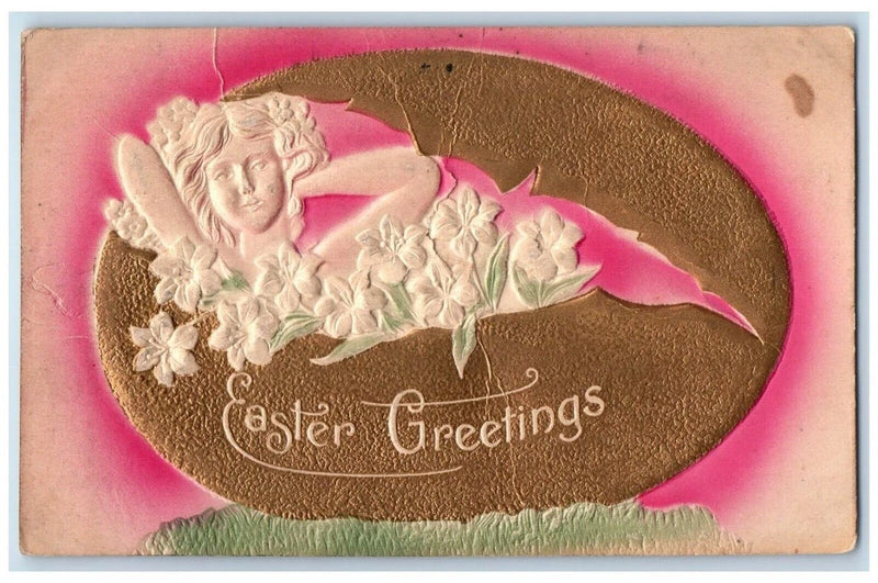 Vintage airbrushed Easter Greetings postcard with girl holding white lilies on an egg