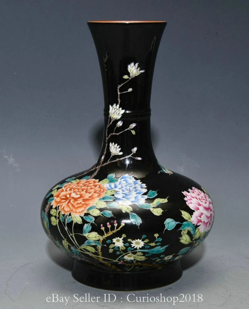 9.4" Qing Qianlong Marked Pastel Porcelain Peony Flower Pattern Vase Bottle Peony