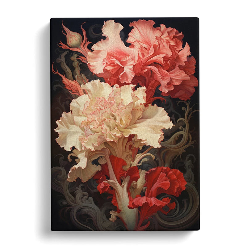 Framed canvas wall art with pink and red carnations in vintage floral design