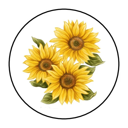 Round sunflower sticker with three yellow blooms and green leaves.