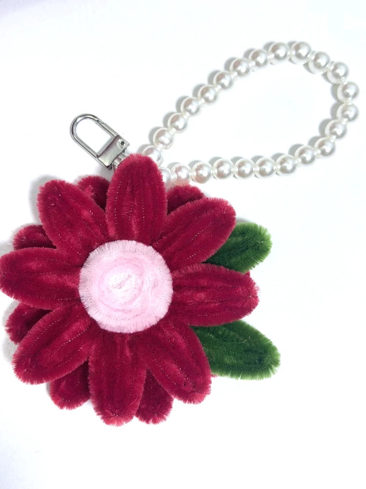 Red plush sunflower keychain with pearl chain and metal clip