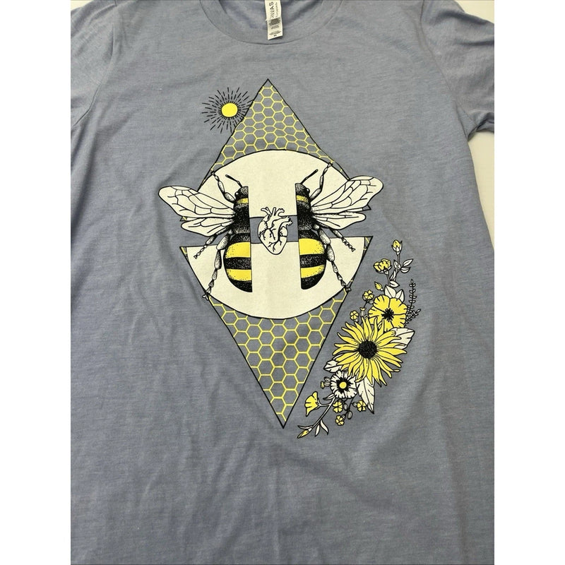 Blue short-sleeve graphic tee with bee and sunflower heart print