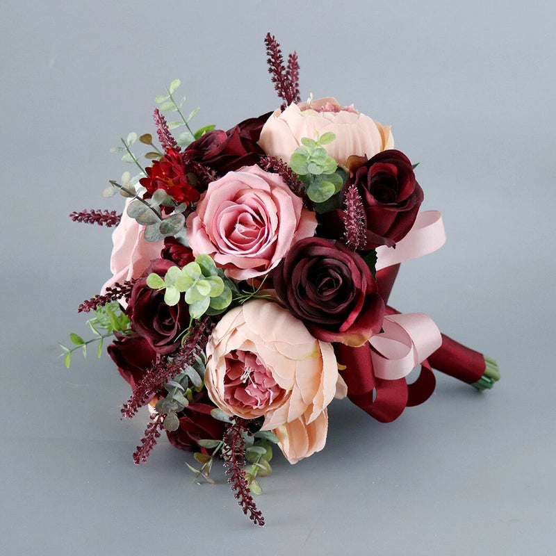 Burgundy Bouquet Bridal Holding Silk Flowers Artificial Rose Bridesmaid Luxury Bouquet