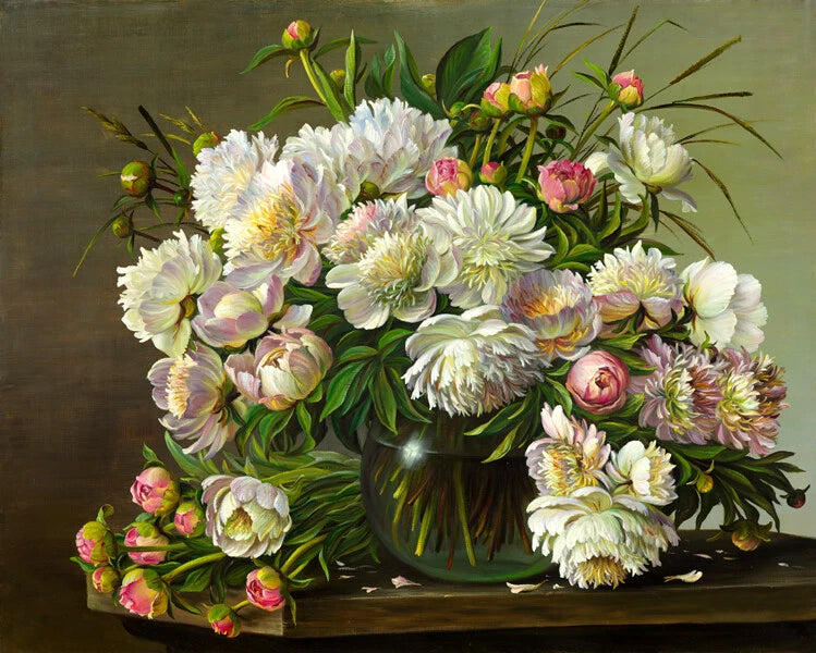Peony bouquet canvas art print with white and pink flowers in a dark vase