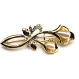 Elegant Rhinestone Faux Pearl Flower Lily Tulip Gold Tone Statement Brooch 3in Lily