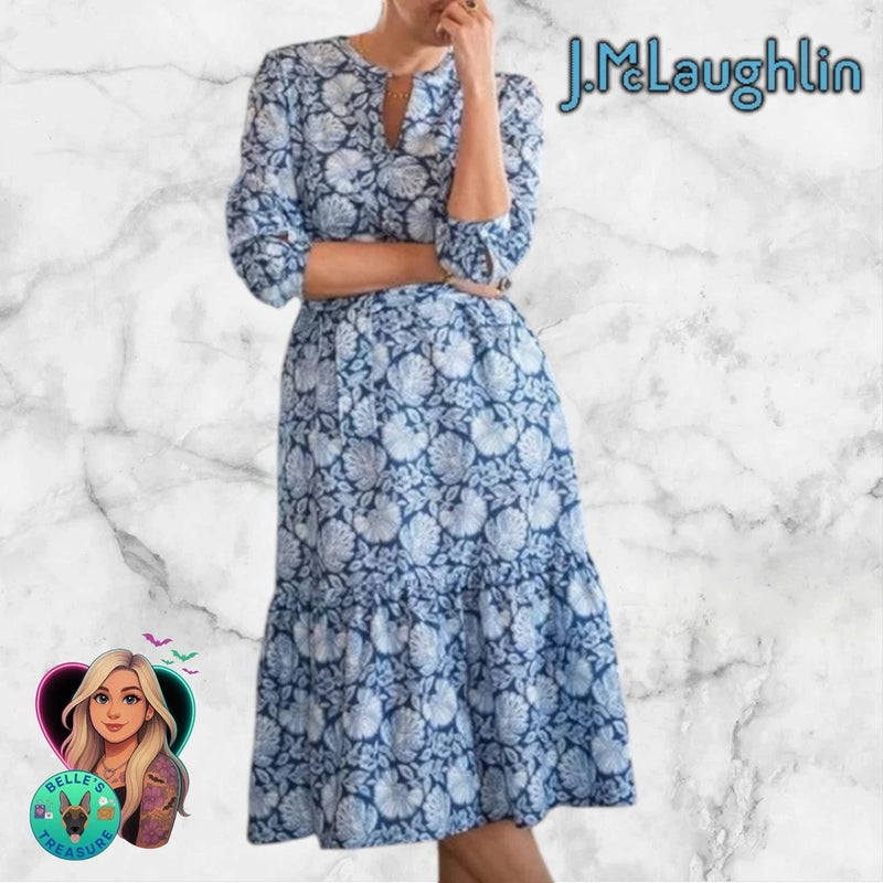 J McLaughlin Dress Women's S Hydrangea Blooms Tiered Maxi Navy Blue Floral Silk Hydrangea
