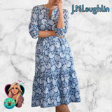 J McLaughlin Dress Women's S Hydrangea Blooms Tiered Maxi Navy Blue Floral Silk Hydrangea