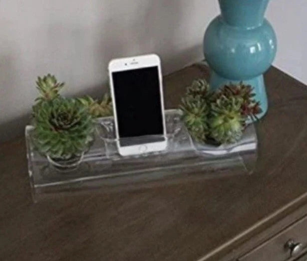 Clear glass accent planter tray with small succulents