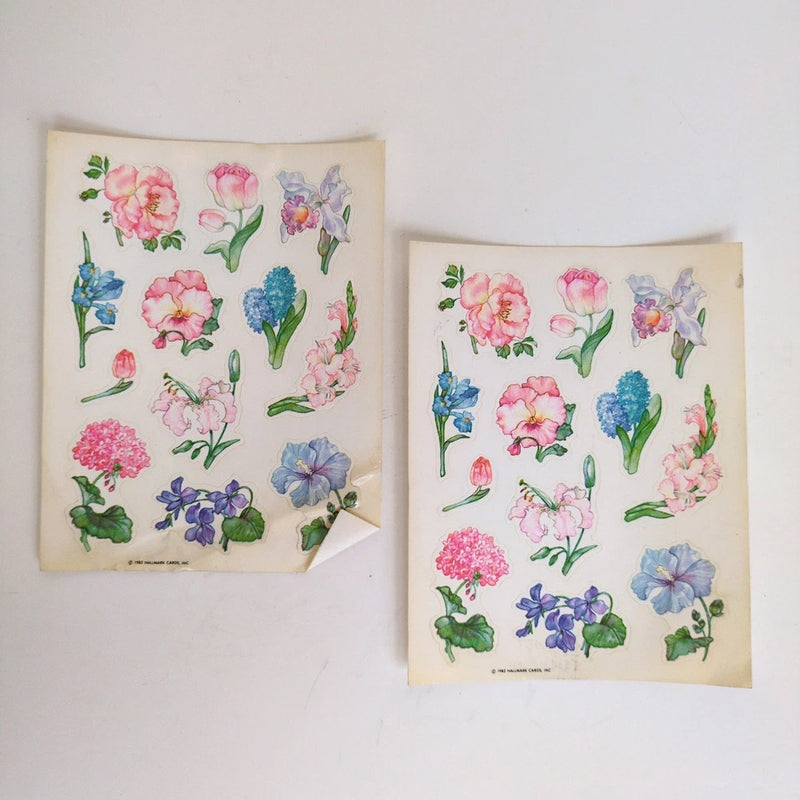Vintage 80s Hallmark Flower Sticker Sheets (2) - Iris, Peony, Hydrangea, Tulip Hydrangea