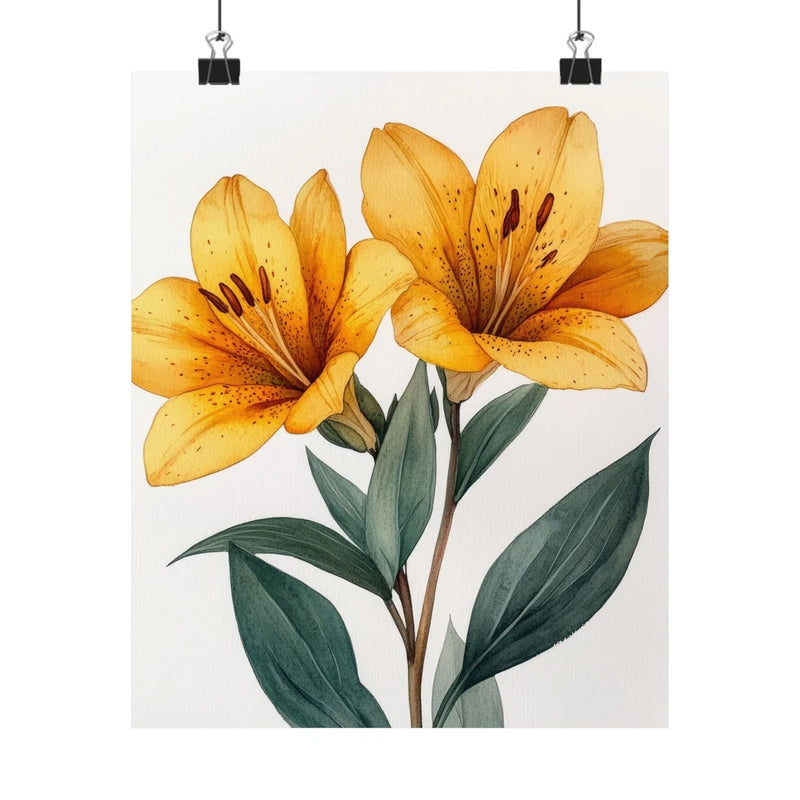 Yellow lily flower art print poster with two blooms and green leaves