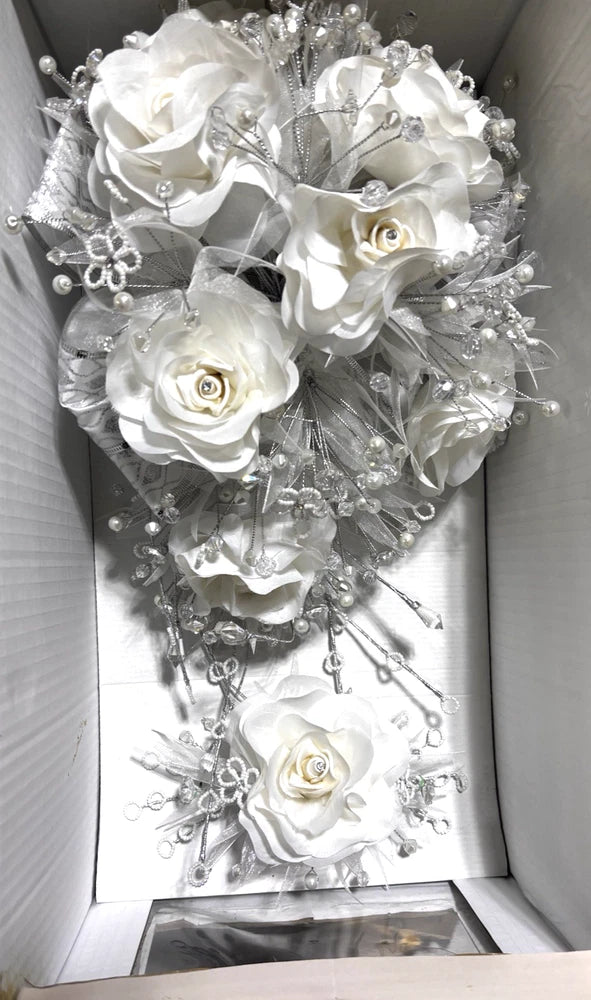 Quinceanera Wedding WHITE CASCADE Silver Bouquet Crystals Tulle Ribbon Round NEW Bouquet