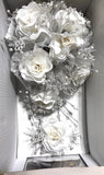 Quinceanera Wedding WHITE CASCADE Silver Bouquet Crystals Tulle Ribbon Round NEW Bouquet
