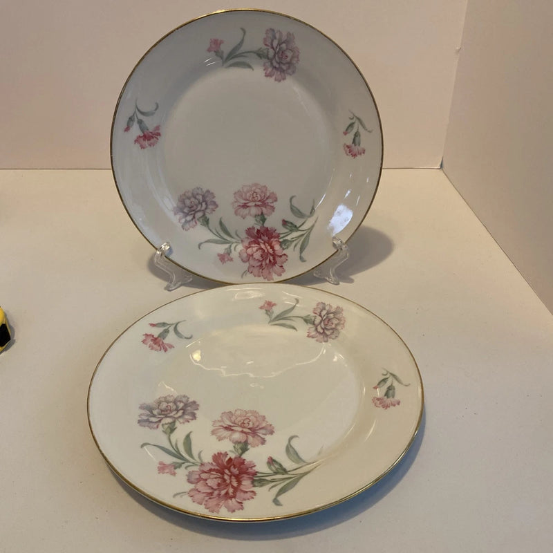 Floral salad plates set of 2, white with pink carnation flowers and gold rim