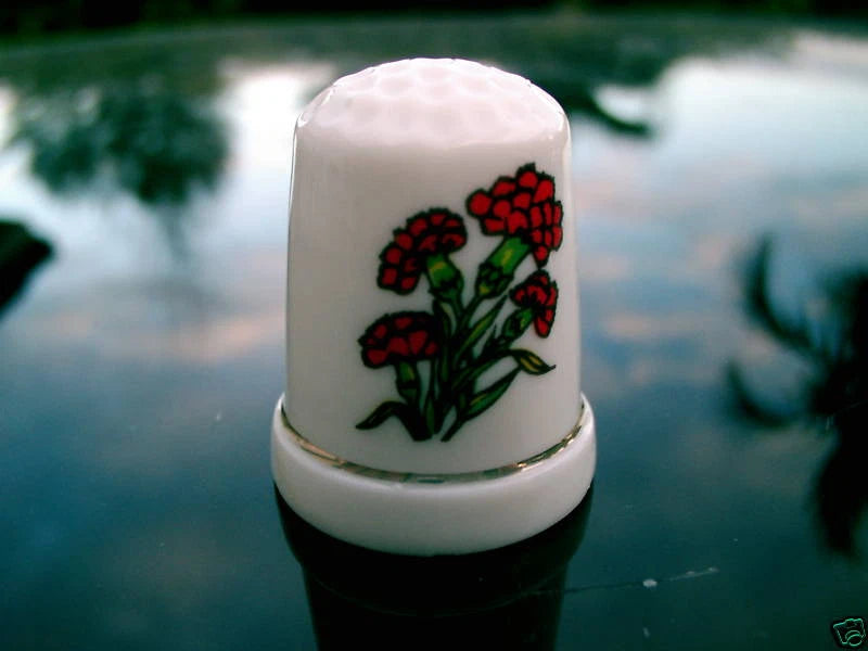 Fine bone china thimble, white with red carnation flower motif