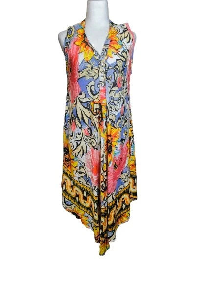 Boho swing dress with V-neck, sleeveless, multicolor tropical floral print