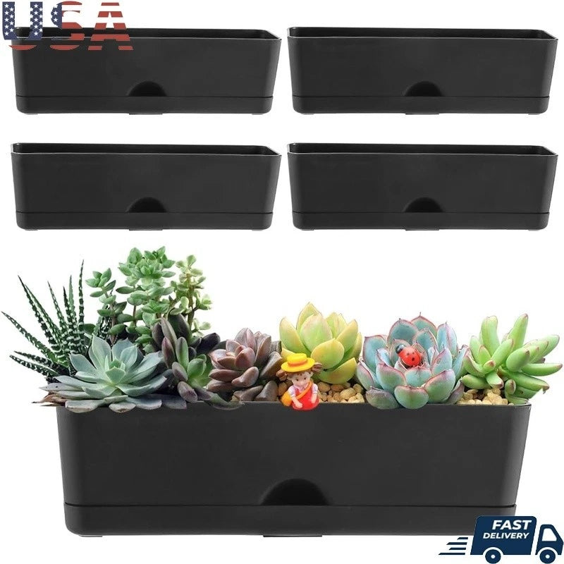 Set of self-watering rectangular black plant pots with drainage holes and saucers