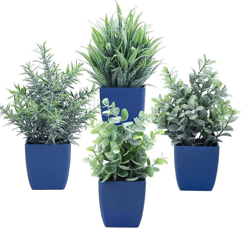 Set of 4 Fake Plants in Pot Small Artificial Eucalyptus Potted Plant Mini Wheat Green Plant