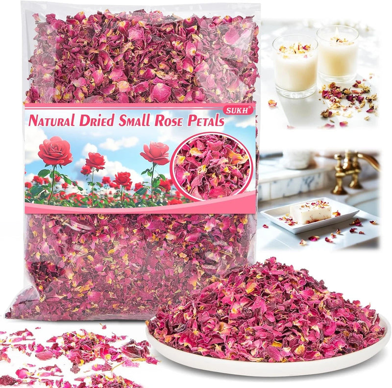 Small dried red rose petals in a bowl and clear pile, for crafts and decor.