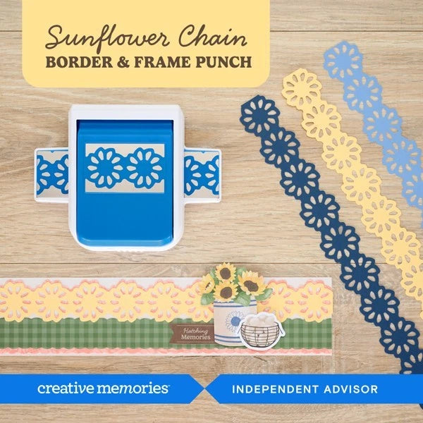 Creative Memories sunflower chain border punch with sample punched strips and flower chain cutouts