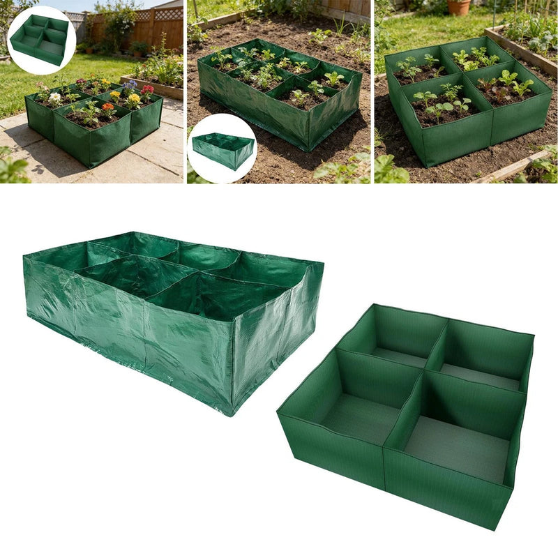Green fabric grow bag container with four planting compartments and open top