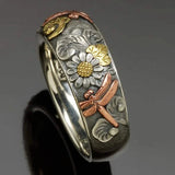 Flower Rings Dragonfly Sunflower Carved Metal Engagement Wedding Women Jewelry Sunflower