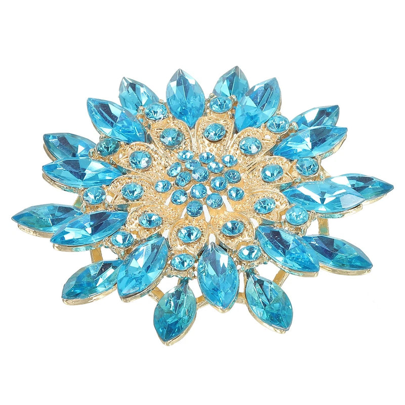 Rhinestone Flower Brooch Pin Large Crystal Sunflower Lapel Pin Blue Sunflower