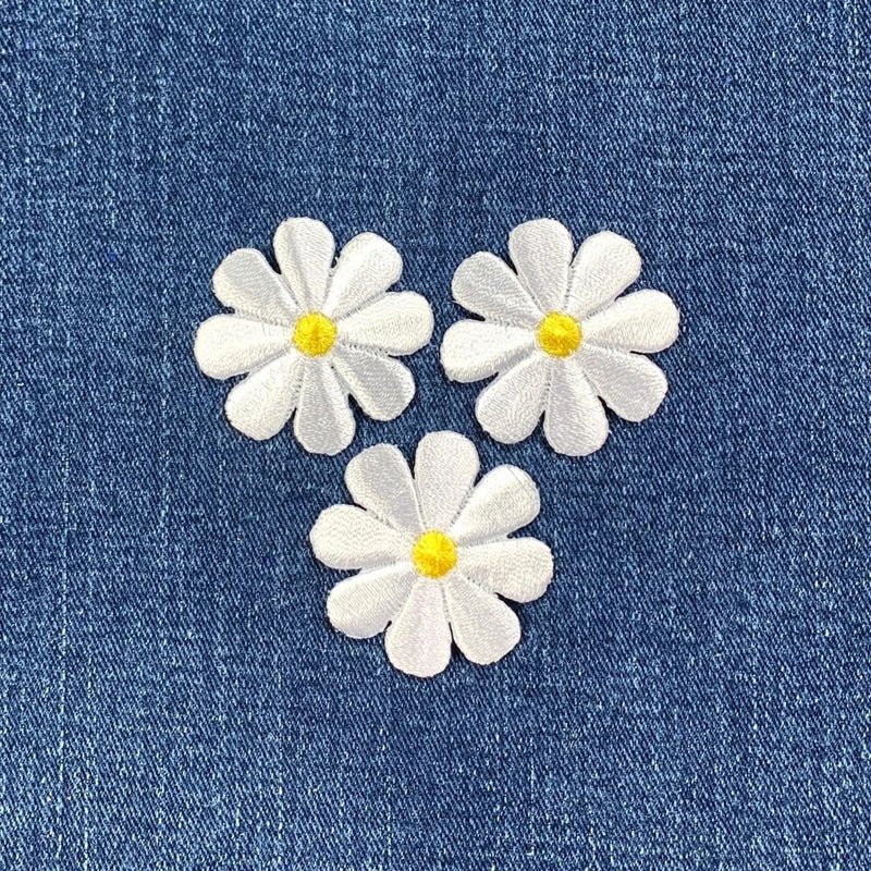3-Pack Daisy Applique Patch - Embroidered White & Yellow Flower Badge 1.5" (Iron Daisies