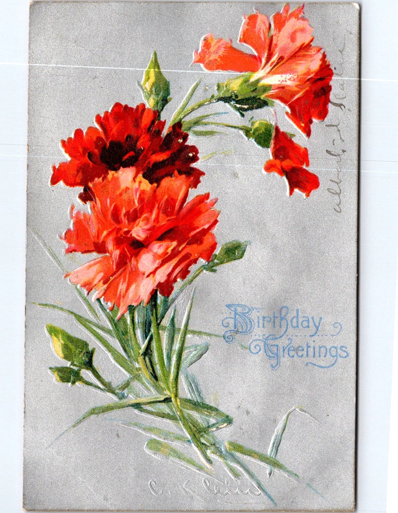 Embossed birthday postcard with orange-red carnation bouquet and “Birthday Greetings” text