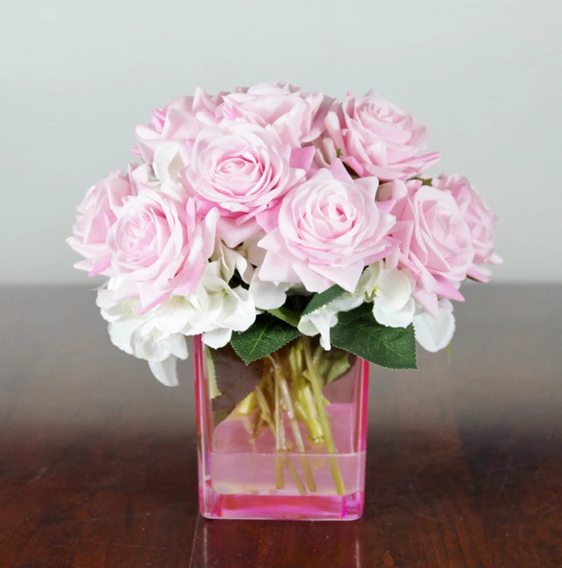 Silk Pink Real Touch Roses and  White Hydrangeas in a Pink Cube Glass Vase Hydrangea