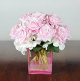 Silk Pink Real Touch Roses and  White Hydrangeas in a Pink Cube Glass Vase Hydrangea