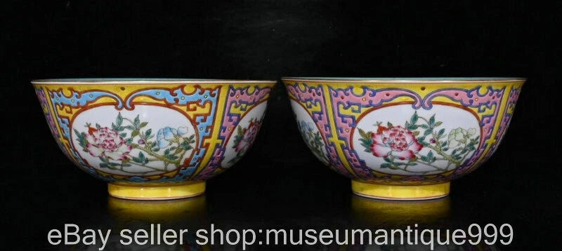 6.6" Qing Qianlong Chinese Colour enamel Porcelain Peony Flower Bowl Pair Peony
