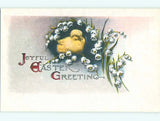 Unused Divided-Back easter CHICK WITH LILY OF THE VALLEY FLOWERS r2769@ Lily