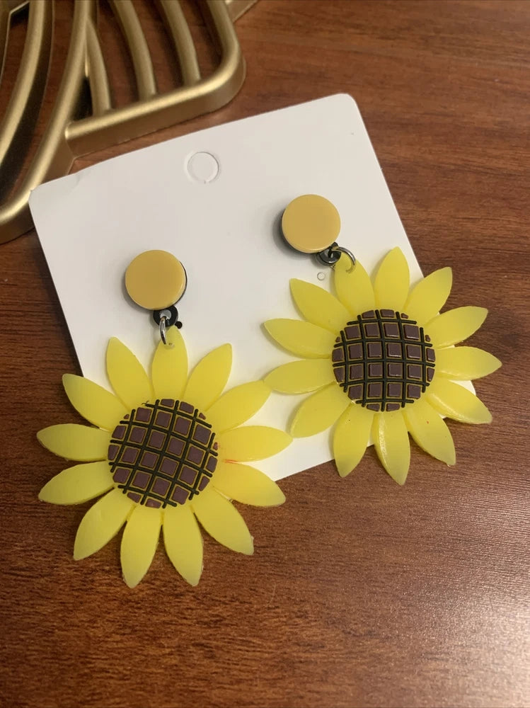 Sunflower Yellow Statement Earrings - Studs With Rubber Flower Dangle Sunflower