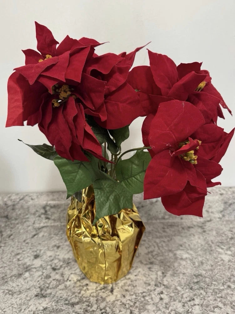 Artificial Red Poinsettia Plant in Gold Foil Pot Ð 18Ó Holiday Decor Green Plant
