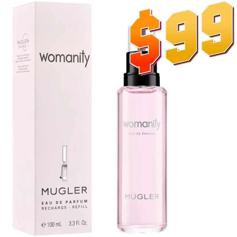 Mugler Womanity refill eau de parfum bottle with pink glass and spray cap, 100 mL