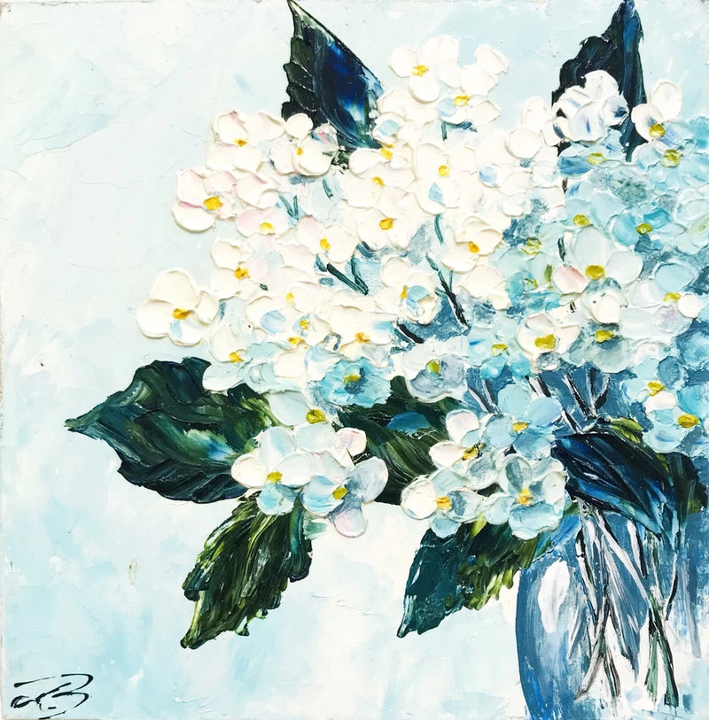 Hydrangea Painting White Flower Abstract Miniature Impasto Oil Painting 6 x 6" Hydrangea
