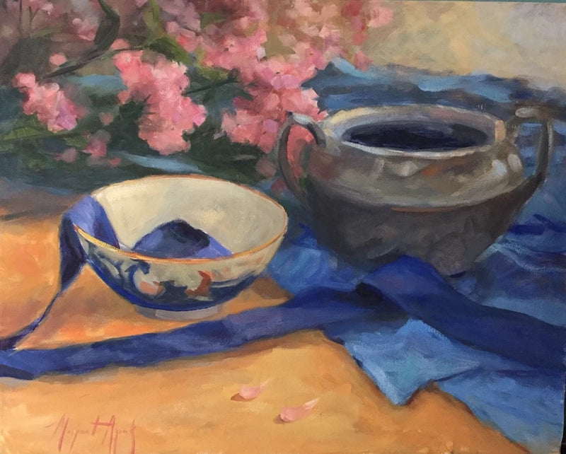 STILL LIFE WITH HYDRANGEAS, silver, blue, violet Original Oil, Aycock 16X20 Hydrangea
