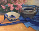 STILL LIFE WITH HYDRANGEAS, silver, blue, violet Original Oil, Aycock 16X20 Hydrangea