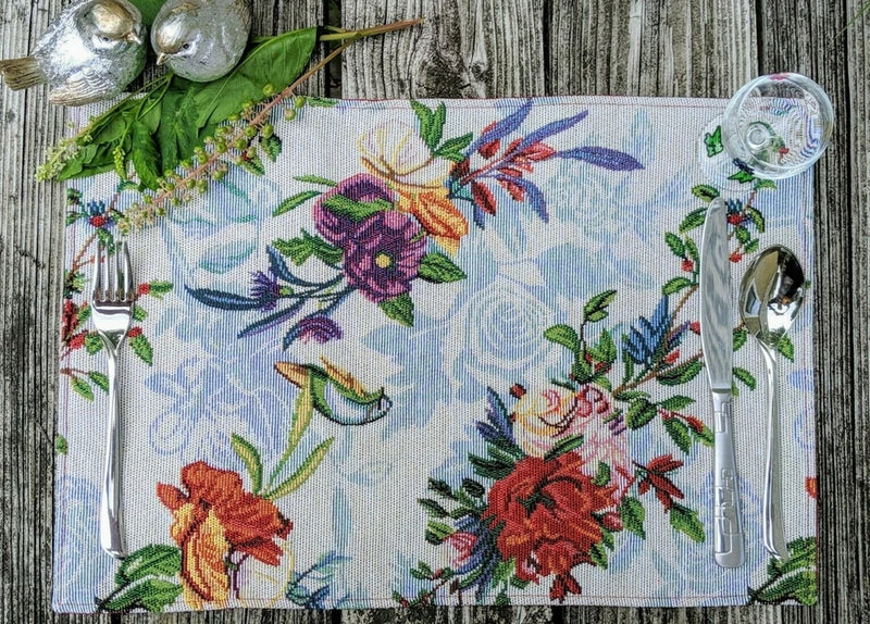 Floral tapestry placemat, light blue with roses and tropical flowers