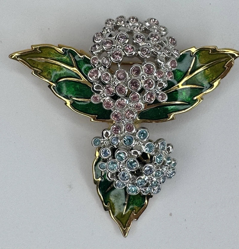 Swarovski Pink And Blue Pave Crystals & Enamel Hydrangea Brooch Vintage Hydrangea