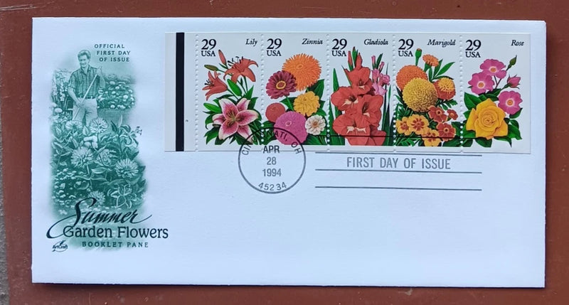 GARDEN FLOWERS SET LILY ZINNIA GLADIOLA MARIGOLD ROSE 5 STAMPS 1994 ARTCRAFT FDC Hydrangea