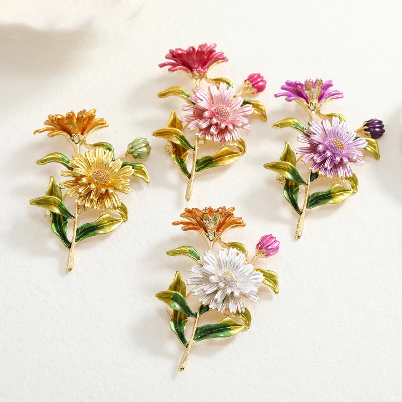 Women Daisy Flower Enamel Brooch Pin Plant Elegant Crystal Brooch Lapel Jewelry Carnation