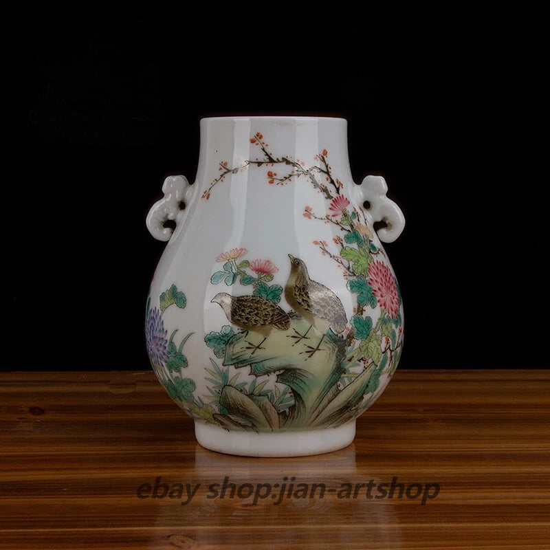7.1" Good China Colour Enamels Porcelain Peony Flower Animal Bird Two Ear Vase Peony