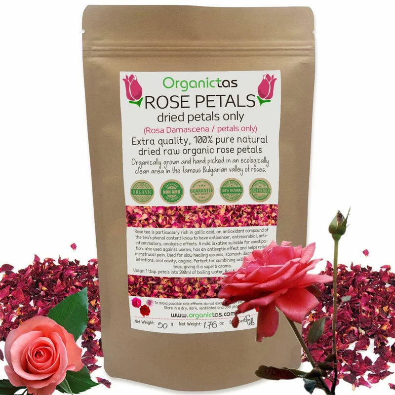 Organictas rose petal tea, dried petals in stand-up pouch with rose blossoms