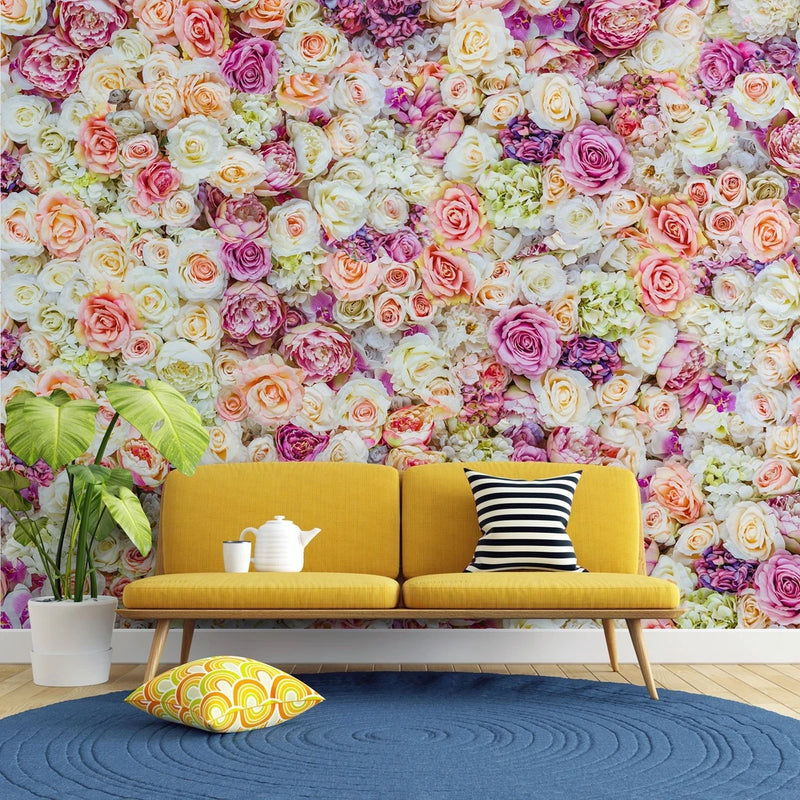 Peonies flower pattern peel-and-stick wall mural with pink, purple, and cream roses; full scene
