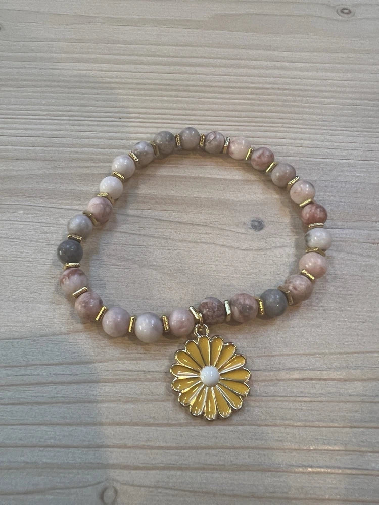 Multicolor stone beaded bracelet with gold sunflower charm pendant
